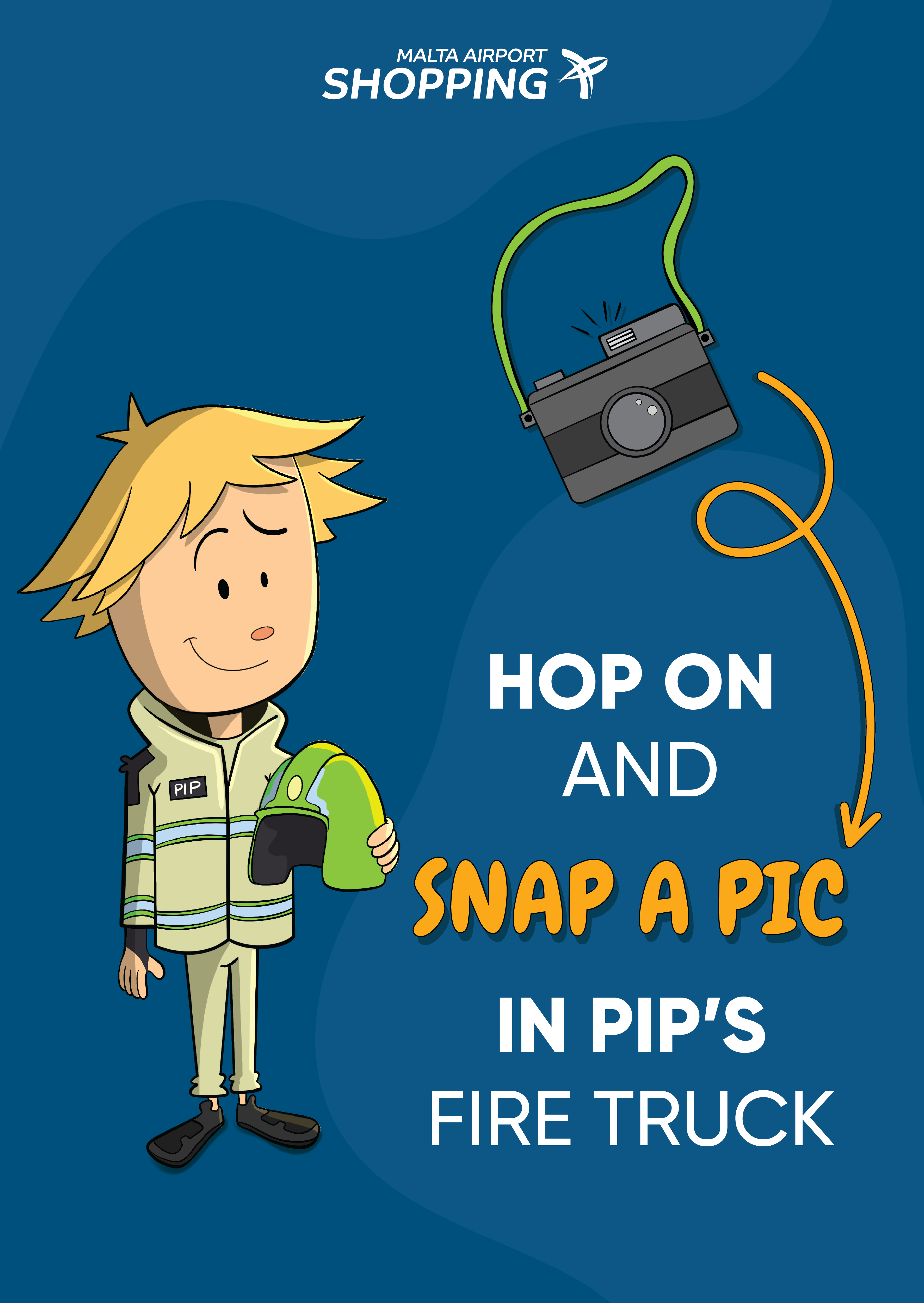 Promotional social media image with text 'hop on and snap a pic in pip's fire truck', featuring the character PIP dressed as an astronaut